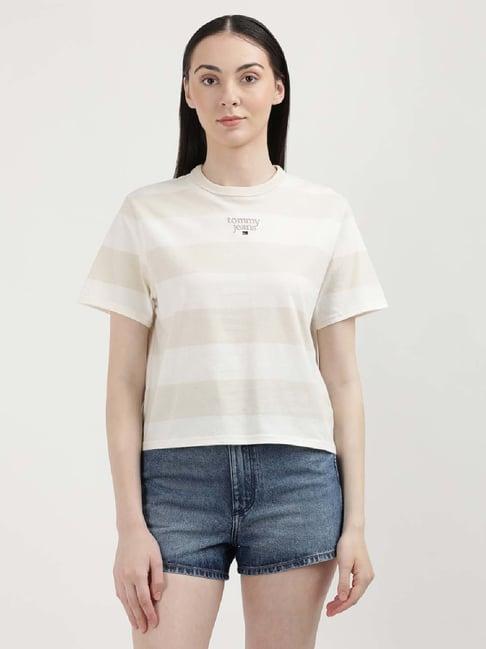 tommy hilfiger beige & white cotton color-block t-shirt