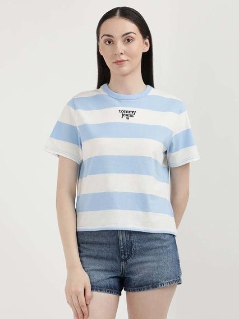 tommy hilfiger blue & white cotton color-block t-shirt