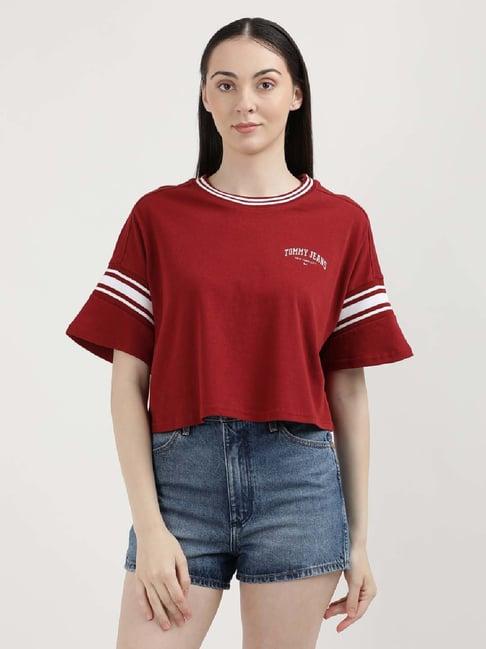 tommy hilfiger red cotton striped crop t-shirt