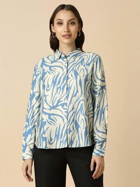 allen solly cream & blue cotton printed formal shirt