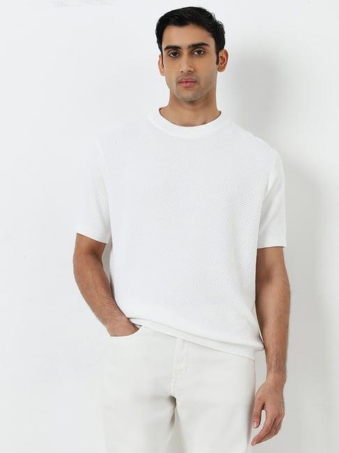 ascot by westside white self-textured relaxed-fit cotton t-shirt