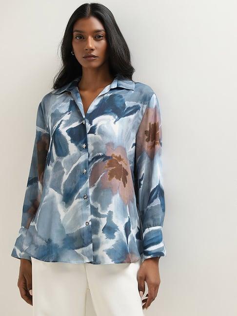 wardrobe by westside dusty blue foliage printed shirt