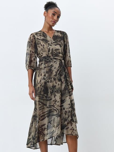 wardrobe by westside olive abstract design wrap dress with belt