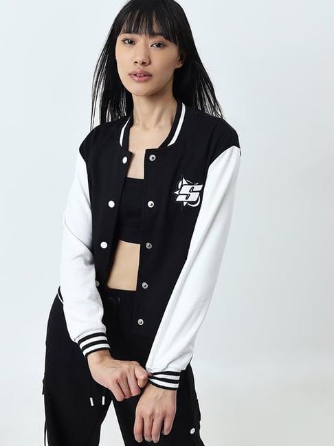 studiofit by westside black embroidered varsity cotton blend jacket