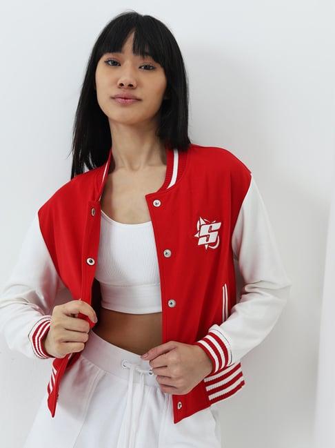 studiofit by westside red embroidered varsity cotton blend jacket