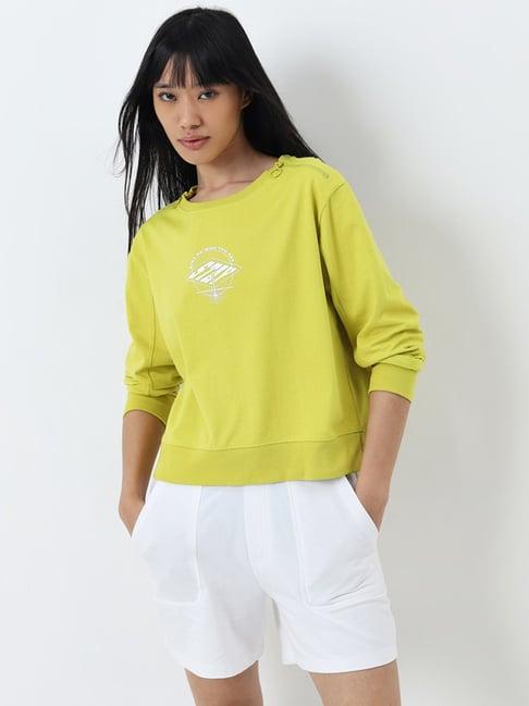 studiofit by westside lime text-printed cotton sweatshirt