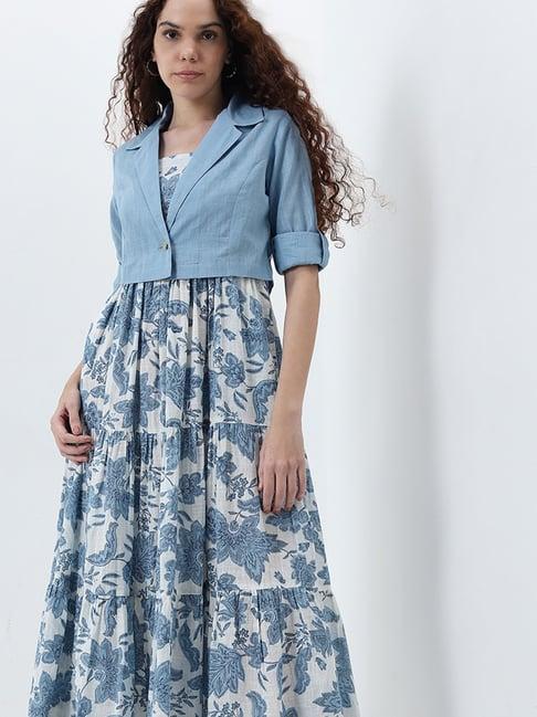 bombay paisley by westside dusty blue tiered cotton dress with jacket