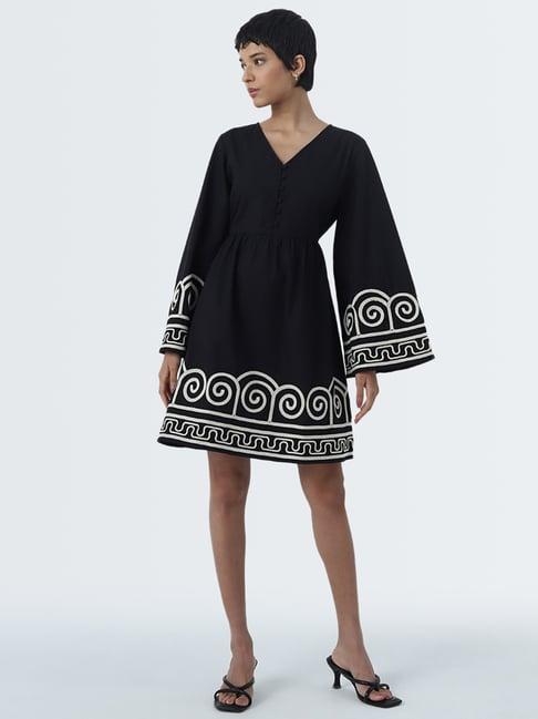 lov by westside black embroidered a-line cotton dress