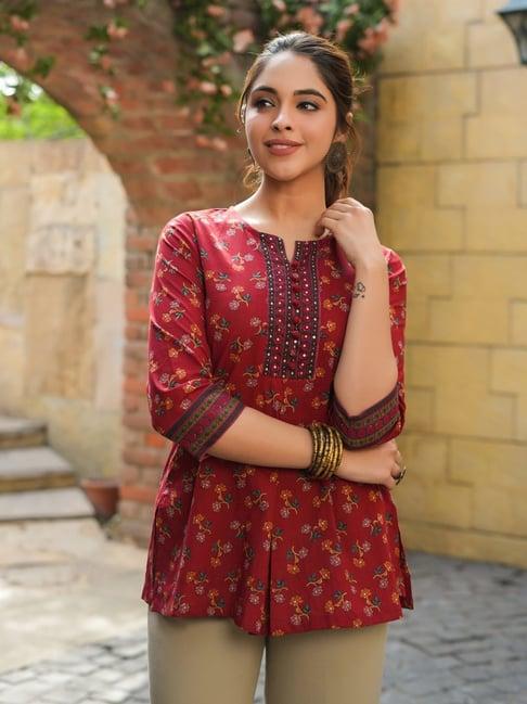 rain and rainbow maroon cotton floral print a line kurti