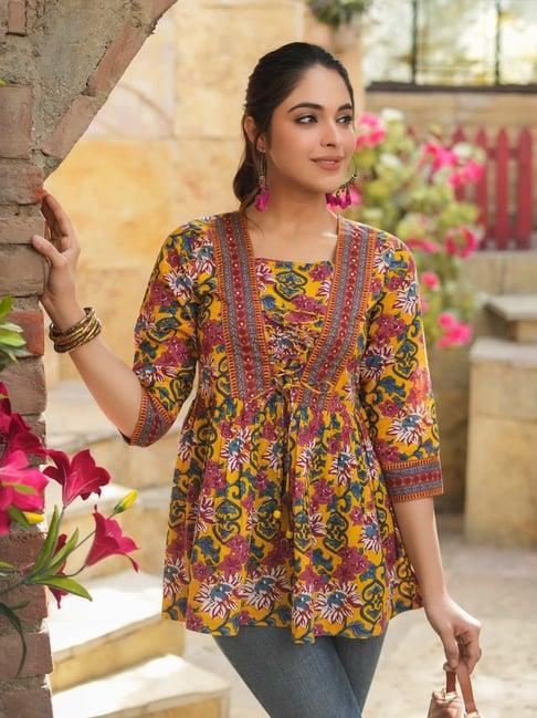 rain and rainbow mustard cotton floral print top