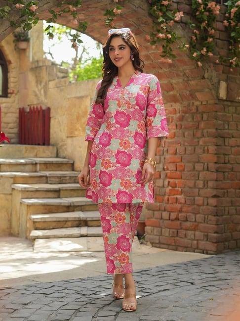 rain and rainbow pink cotton floral print kurta & pant set