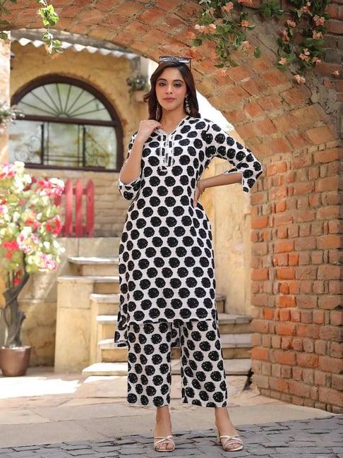 rain and rainbow black & white cotton printed kurta & pant set