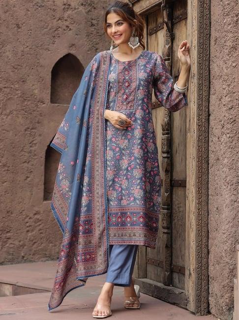 rain and rainbow blue floral print kurta & pant set with dupatta