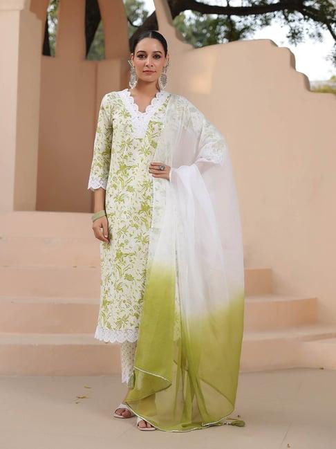 rain and rainbow green & white cotton embroidered kurta & pant set with dupatta