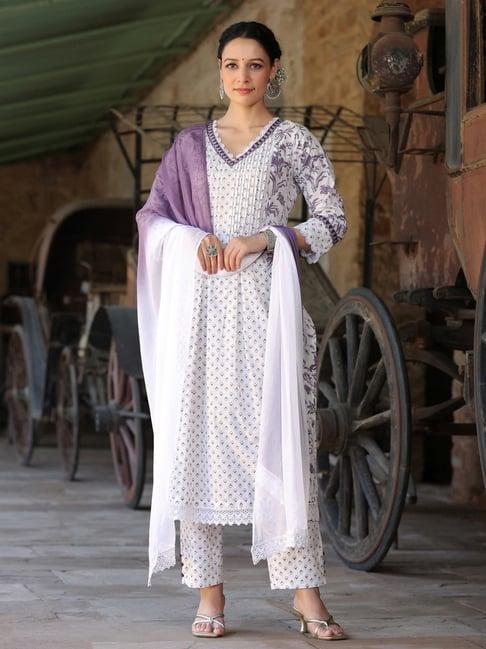 rain and rainbow white & purple cotton embroidered kurta & pant set with dupatta