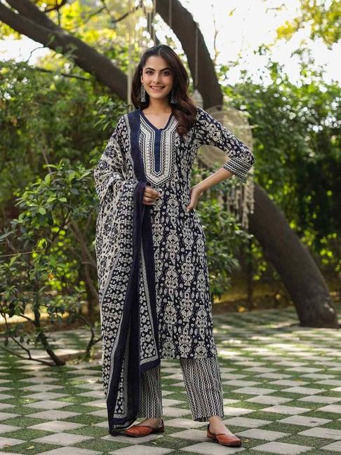 rain and rainbow navy cotton embroidered kurta & pant set with dupatta