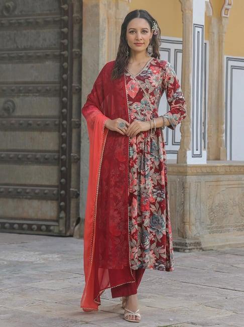 rain and rainbow maroon floral print kurta & pant set with dupatta