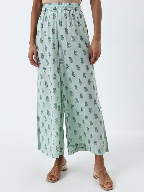 zuba by westside sea green floral printed high-rise palazzos