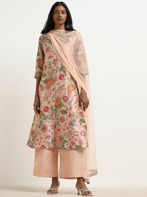 vark by westside peach floral printed kurta, palazzos and dupatta set