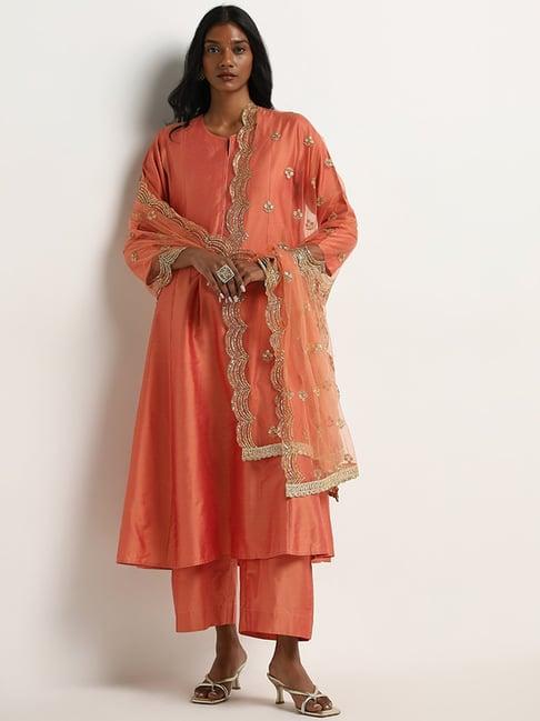 vark by westside orange solid a-line kurta, palazzos and dupatta set