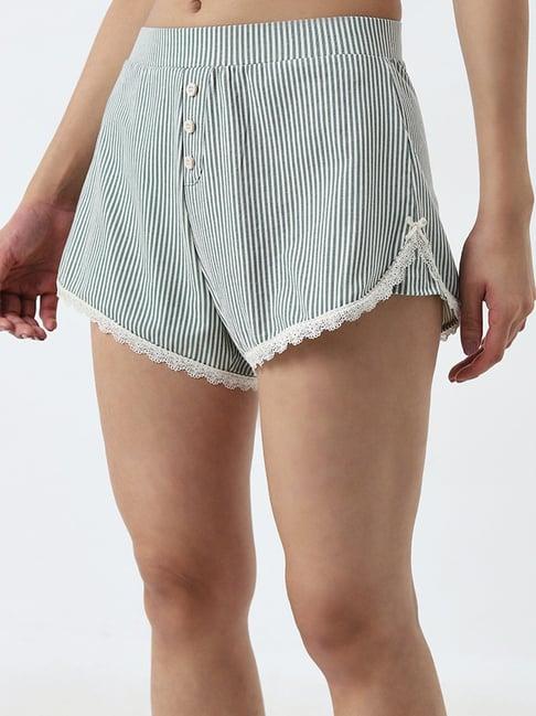 superstar by westside green striped high-rise cotton blend shorts