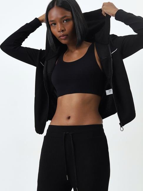 studiofit by westside black ribbed textured hooded jacket