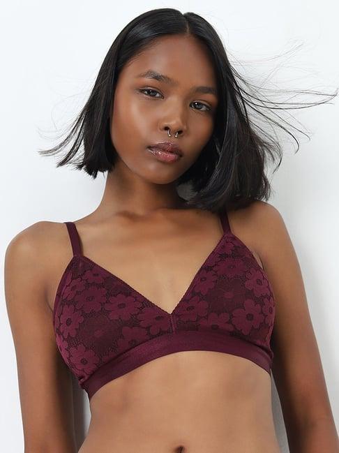 superstar by westside burgundy floral lace design padded cotton bra