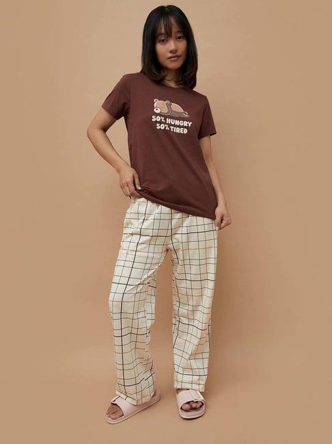 ginger by lifestyle brown & beige cotton printed t-shirt pyjamas set