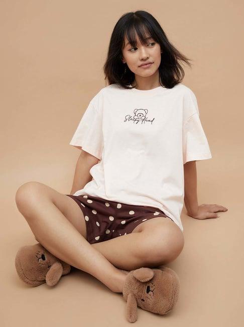 ginger by lifestyle peach & brown cotton printed t-shirt shorts set