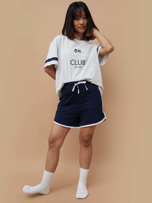 ginger by lifestyle grey & navy cotton printed t-shirt shorts set