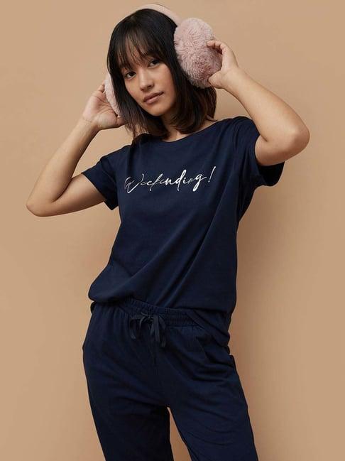 ginger by lifestyle blue cotton printed t-shirt