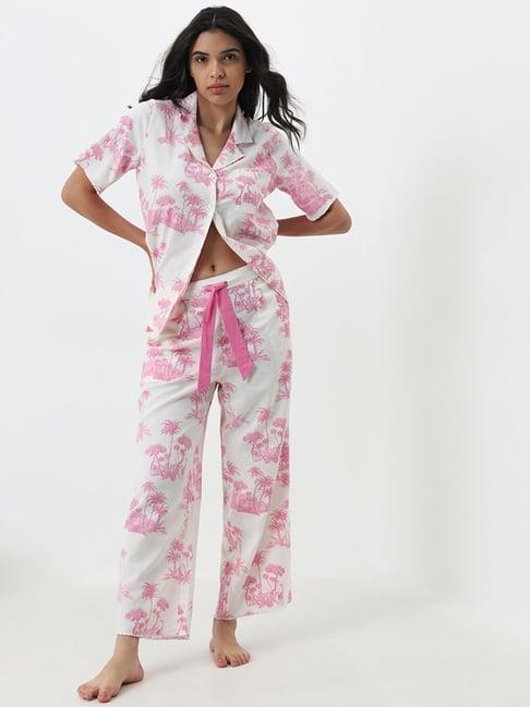 wunderlove by westside pink printed cotton shirt with pyjamas set