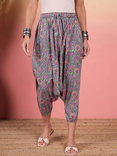 inweave grey & pink cotton floral print dhoti pants