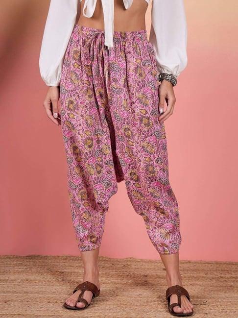 inweave pink cotton floral print dhoti pants