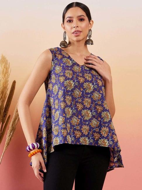 inweave royal blue cotton floral print top