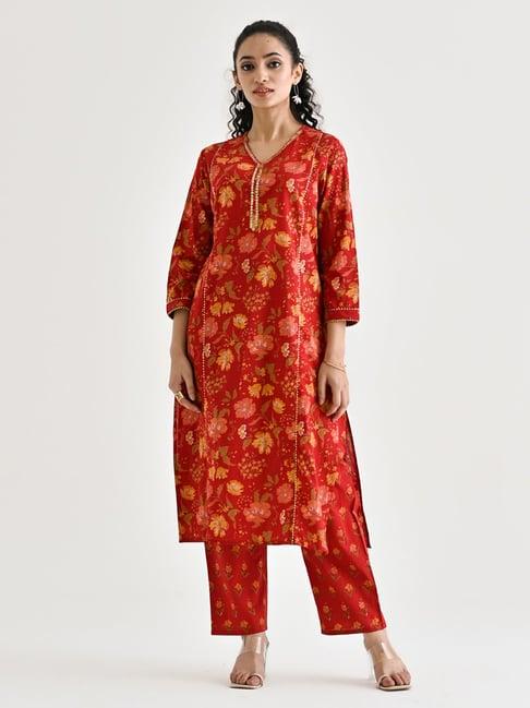 rustorange red floral print a line kurta