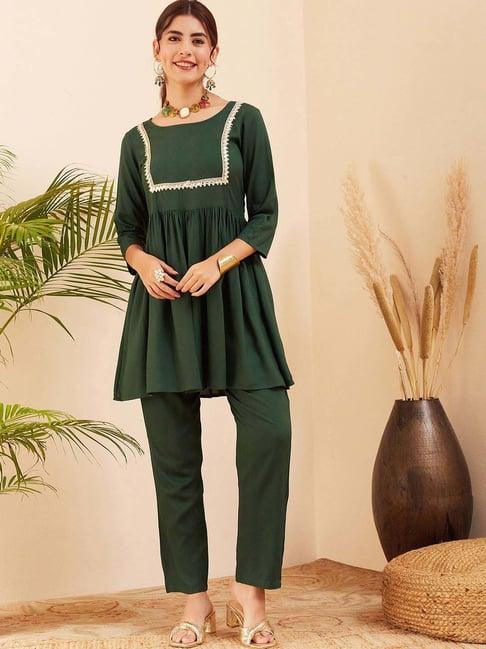 inweave bottle green embroidered kurti & pant set