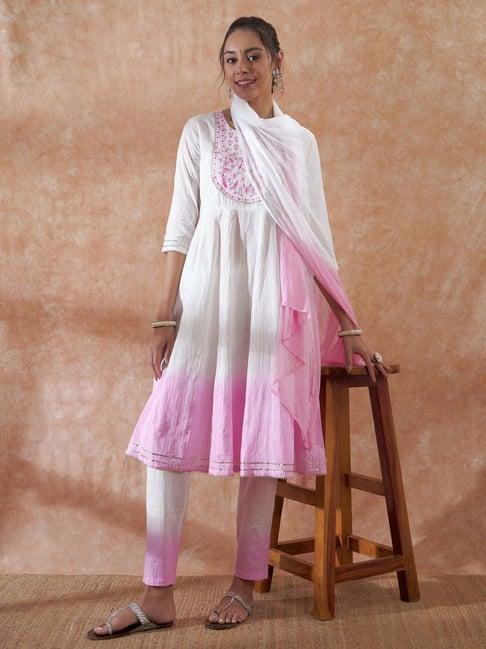 inweave white & pink ombre pattern kurta & pant set with dupatta