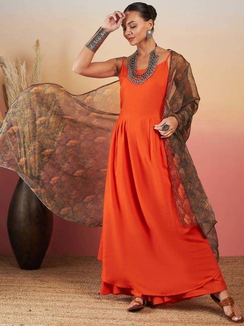 inweave orange & brown kurta & palazzo set with dupatta