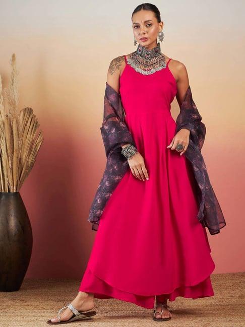 inweave pink & black kurta & palazzo set with dupatta