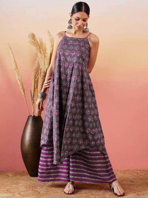 inweave grey & purple cotton printed kurta & palazzo set