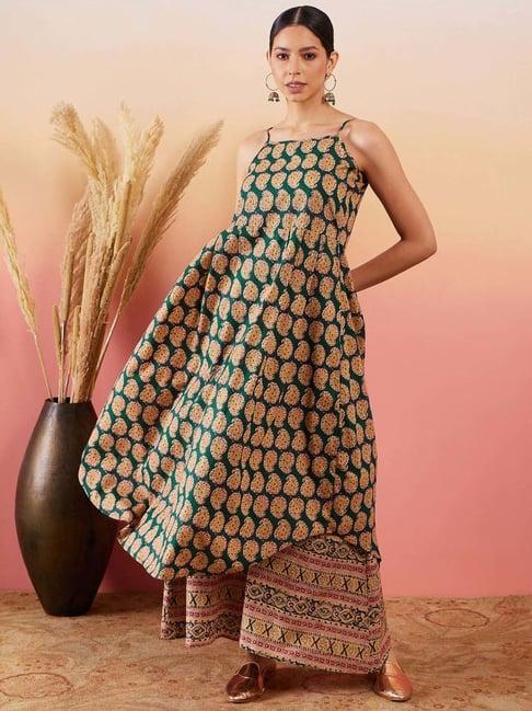 inweave green cotton printed kurta & palazzo set