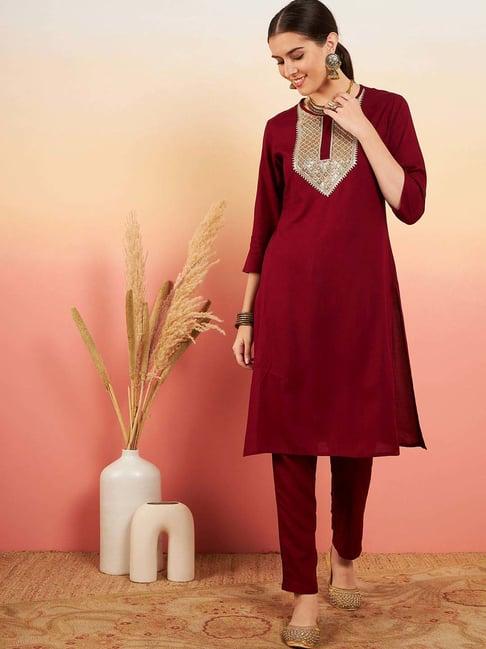 inweave maroon embellished kurta & pant set