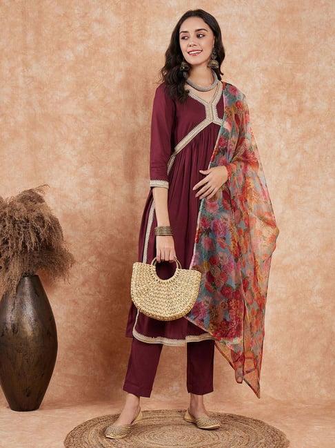 inweave maroon & orange kurta & pant set with dupatta