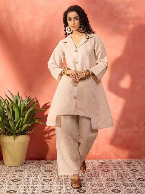 inweave beige cotton textured pattern kurta & pant set