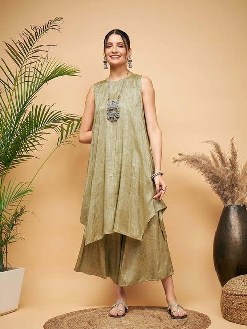 inweave green textured pattern kurta & palazzo set