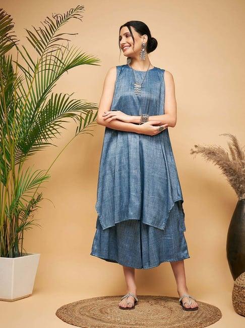 inweave blue textured pattern kurta & palazzo set