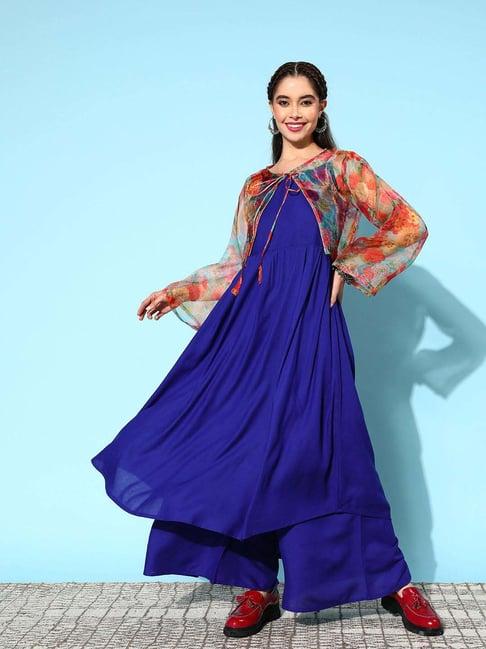 inweave blue & orange kurta & palazzo set with cape