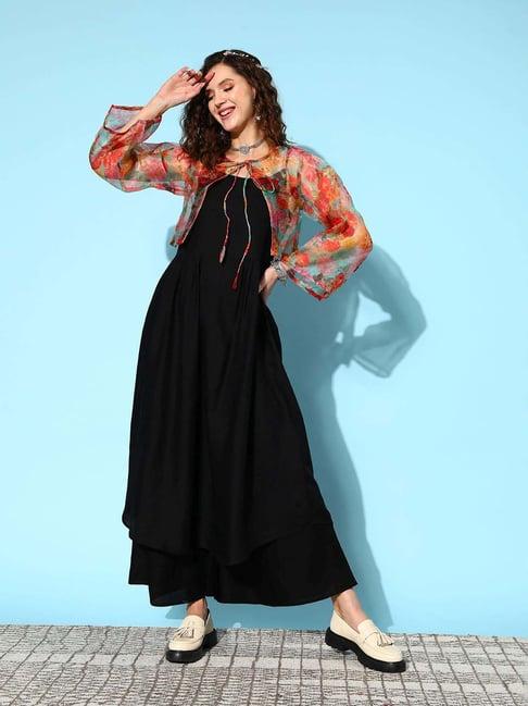 inweave black & orange kurta & palazzo set with cape