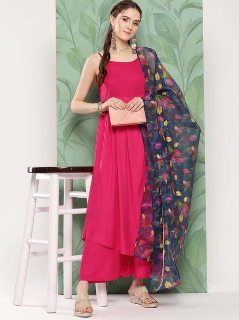 inweave pink & green kurta & palazzo set with dupatta